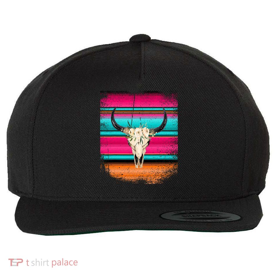 Funny Serape Cow Boho Print Flower Rustic Turquoise Pink Wool Snapback Cap