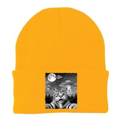 Funny Scared Cat Selfie with UFOs Gift Idea Knit Cap Winter Beanie