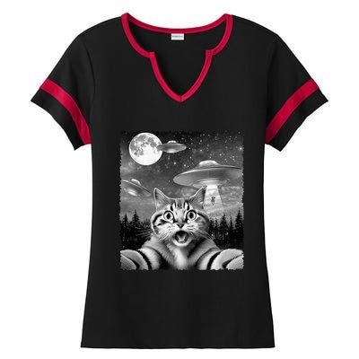 Funny Scared Cat Selfie with UFOs Gift Idea Ladies Halftime Notch Neck Tee