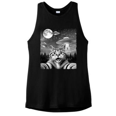 Funny Scared Cat Selfie with UFOs Gift Idea Ladies PosiCharge Tri-Blend Wicking Tank