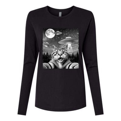 Funny Scared Cat Selfie with UFOs Gift Idea Womens Cotton Relaxed Long Sleeve T-Shirt