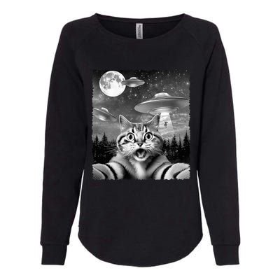 Funny Scared Cat Selfie with UFOs Gift Idea Womens California Wash Sweatshirt