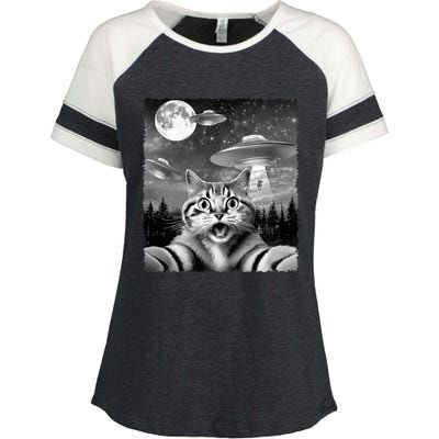 Funny Scared Cat Selfie with UFOs Gift Idea Enza Ladies Jersey Colorblock Tee