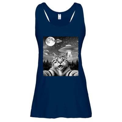 Funny Scared Cat Selfie with UFOs Gift Idea Ladies Essential Flowy Tank