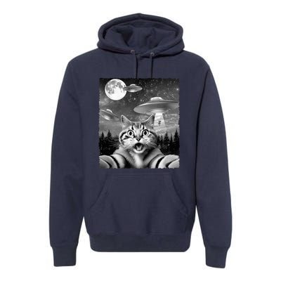 Funny Scared Cat Selfie with UFOs Gift Idea Premium Hoodie