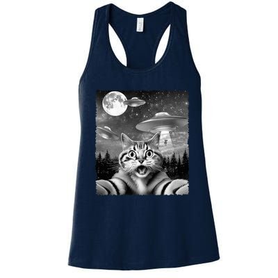 Funny Scared Cat Selfie with UFOs Gift Idea Women's Racerback Tank