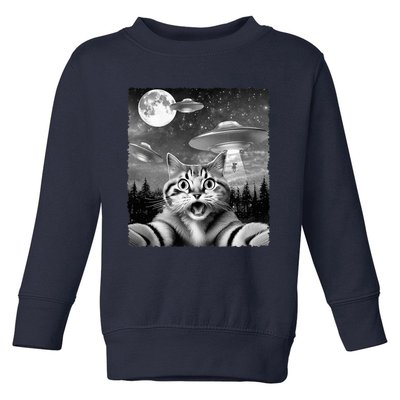 Funny Scared Cat Selfie with UFOs Gift Idea Toddler Sweatshirt