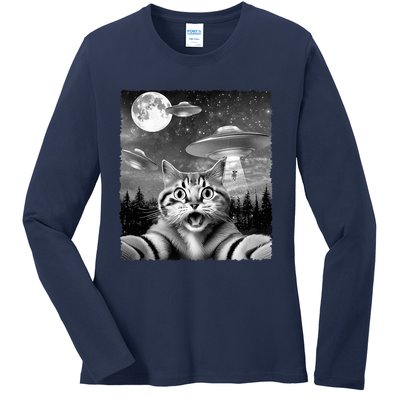 Funny Scared Cat Selfie with UFOs Gift Idea Ladies Long Sleeve Shirt