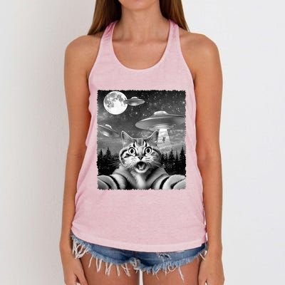 Funny Scared Cat Selfie with UFOs Gift Idea Women's Knotted Racerback Tank