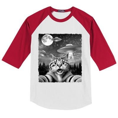 Funny Scared Cat Selfie with UFOs Gift Idea Kids Colorblock Raglan Jersey