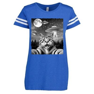 Funny Scared Cat Selfie with UFOs Gift Idea Enza Ladies Jersey Football T-Shirt