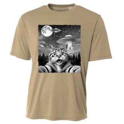 Funny Scared Cat Selfie with UFOs Gift Idea Cooling Performance Crew T-Shirt