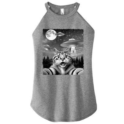 Funny Scared Cat Selfie with UFOs Gift Idea Women’s Perfect Tri Rocker Tank