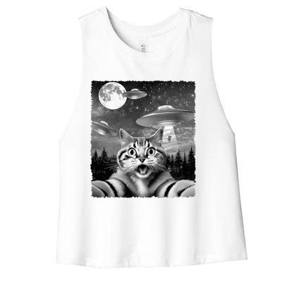 Funny Scared Cat Selfie with UFOs Gift Idea Women's Racerback Cropped Tank