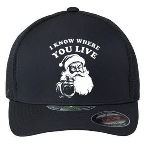 Funny Santa Christmas I Know Where You Live Flexfit Unipanel Trucker Cap