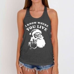 Funny Santa Christmas I Know Where You Live Women's Knotted Racerback Tank