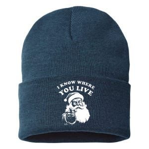 Funny Santa Christmas I Know Where You Live Sustainable Knit Beanie