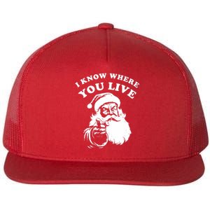 Funny Santa Christmas I Know Where You Live Flat Bill Trucker Hat