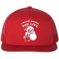 Funny Santa Christmas I Know Where You Live Flat Bill Trucker Hat