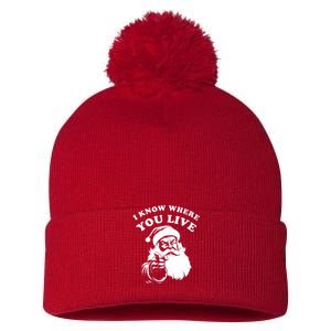 Funny Santa Christmas I Know Where You Live Pom Pom 12in Knit Beanie