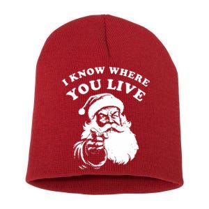 Funny Santa Christmas I Know Where You Live Short Acrylic Beanie