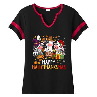 Funny Santa Cow Happy HalloThanksMas Costume Ladies Halftime Notch Neck Tee