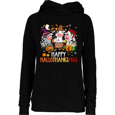 Funny Santa Cow Happy HalloThanksMas Costume Womens Funnel Neck Pullover Hood