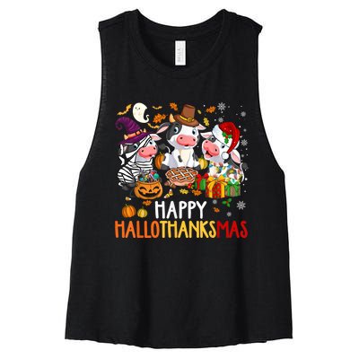 Funny Santa Cow Happy HalloThanksMas Costume Women's Racerback Cropped Tank