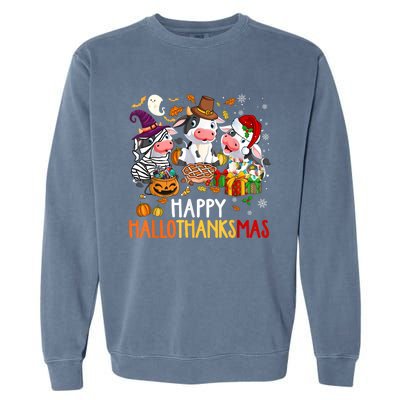 Funny Santa Cow Happy HalloThanksMas Costume Garment-Dyed Sweatshirt