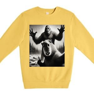 Funny Selfie Capybara Finds Bigfoot Sasquatch Photo Premium Crewneck Sweatshirt