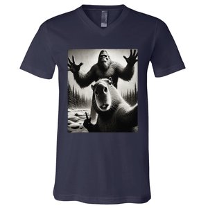 Funny Selfie Capybara Finds Bigfoot Sasquatch Photo V-Neck T-Shirt