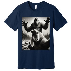 Funny Selfie Capybara Finds Bigfoot Sasquatch Photo Premium T-Shirt