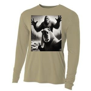 Funny Selfie Capybara Finds Bigfoot Sasquatch Photo Cooling Performance Long Sleeve Crew