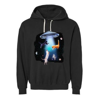 Funny Space Cats Abduction Whimsical Ufo Design Garment-Dyed Fleece Hoodie