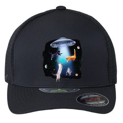 Funny Space Cats Abduction Whimsical Ufo Design Flexfit Unipanel Trucker Cap