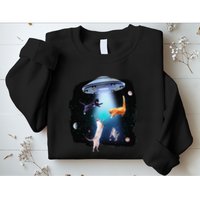 Funny Space Cats Abduction Whimsical Ufo Design Sweatshirt