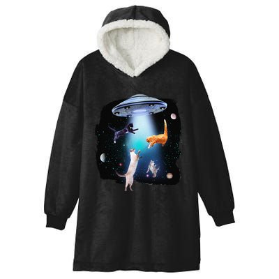 Funny Space Cats Abduction Whimsical Ufo Design Hooded Wearable Blanket