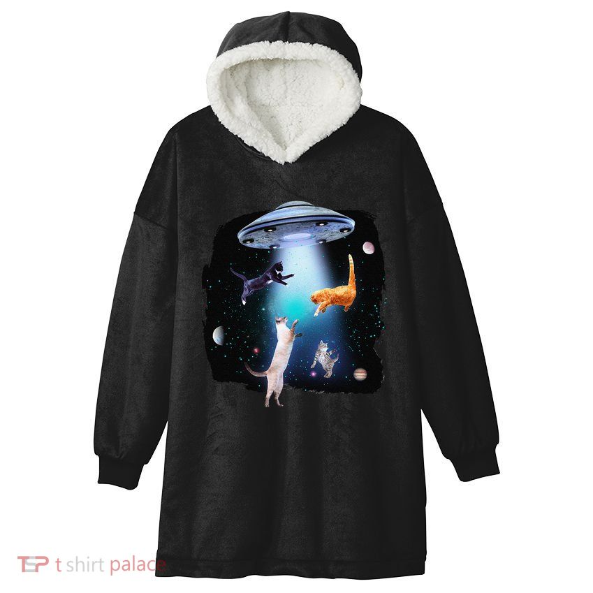 Funny Space Cats Abduction Whimsical Ufo Design Hooded Wearable Blanket