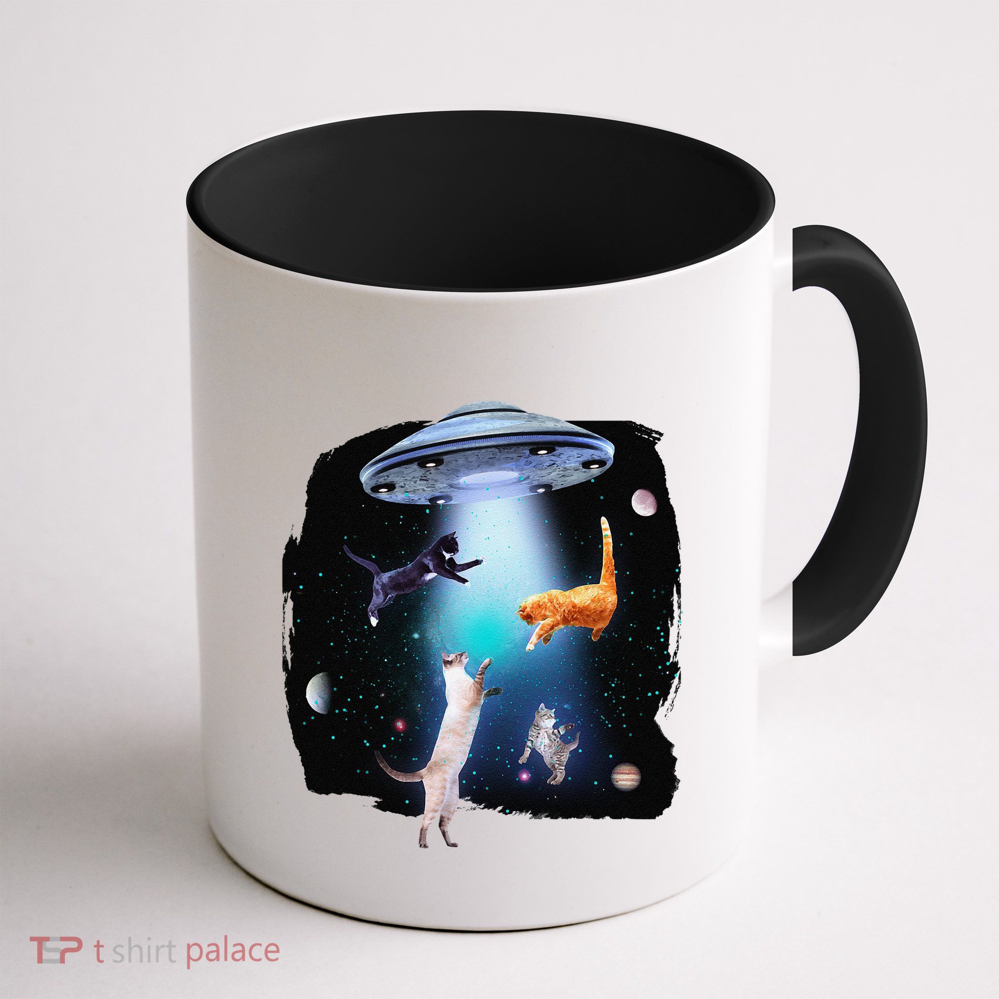 Funny Space Cats Abduction Whimsical Ufo Design Mug