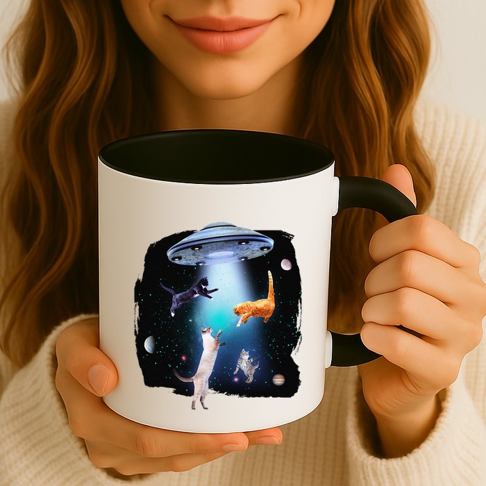 Funny Space Cats Abduction Whimsical Ufo Design Mug
