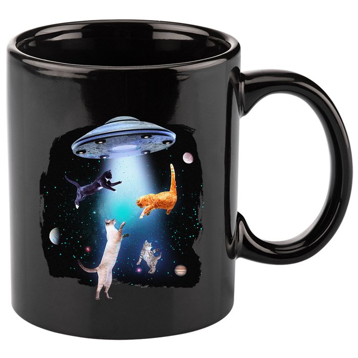 Funny Space Cats Abduction Whimsical Ufo Design 11oz C Handle Ceramic Mug