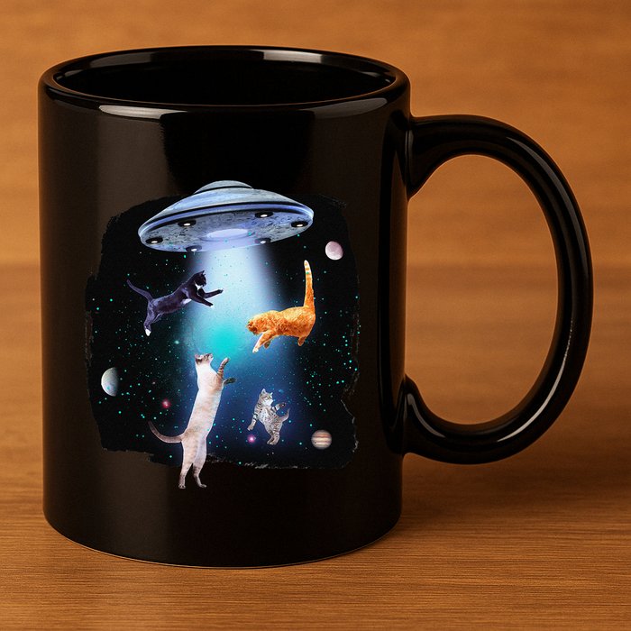 Funny Space Cats Abduction Whimsical Ufo Design 11oz C Handle Ceramic Mug