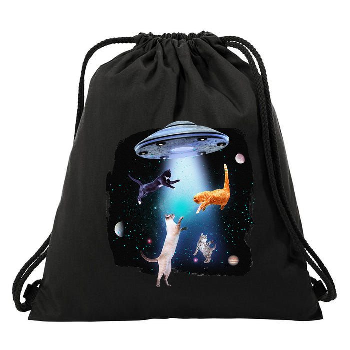 Funny Space Cats Abduction Whimsical Ufo Design Drawstring Bag