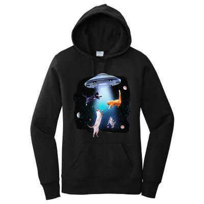 Funny Space Cats Abduction Whimsical Ufo Design Women's Pullover Hoodie
