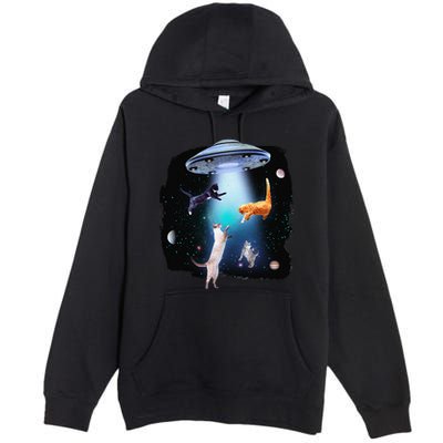 Funny Space Cats Abduction Whimsical Ufo Design Premium Pullover Hoodie