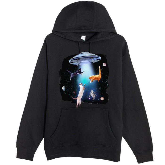 Funny Space Cats Abduction Whimsical Ufo Design Premium Pullover Hoodie