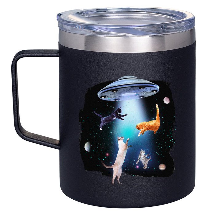 Funny Space Cats Abduction Whimsical Ufo Design 12oz Stainless Steel Coffee Mug