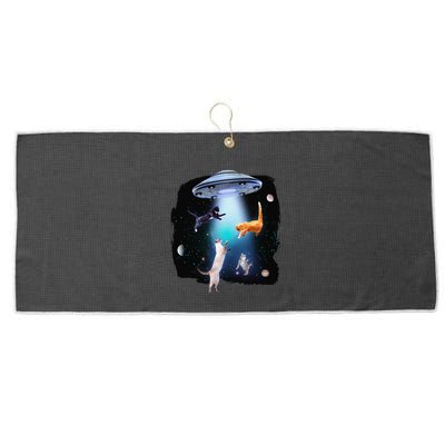 Funny Space Cats Abduction Whimsical Ufo Design Large Microfiber Waffle Golf Towel