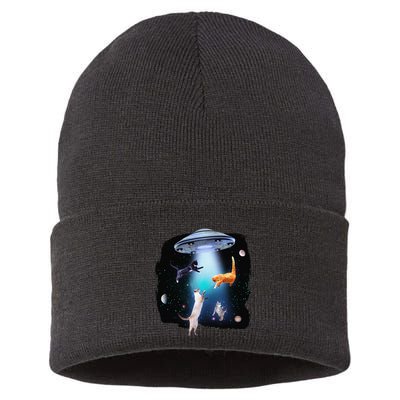 Funny Space Cats Abduction Whimsical Ufo Design Sustainable Knit Beanie
