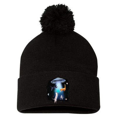 Funny Space Cats Abduction Whimsical Ufo Design Pom Pom 12in Knit Beanie
